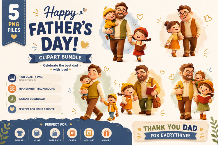 Happy Father's Day Clipart Bundle, Cute Dad and Kids PNG example image 1