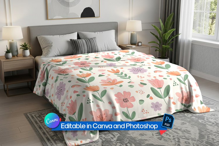 Bedroom blanket mockup on bed