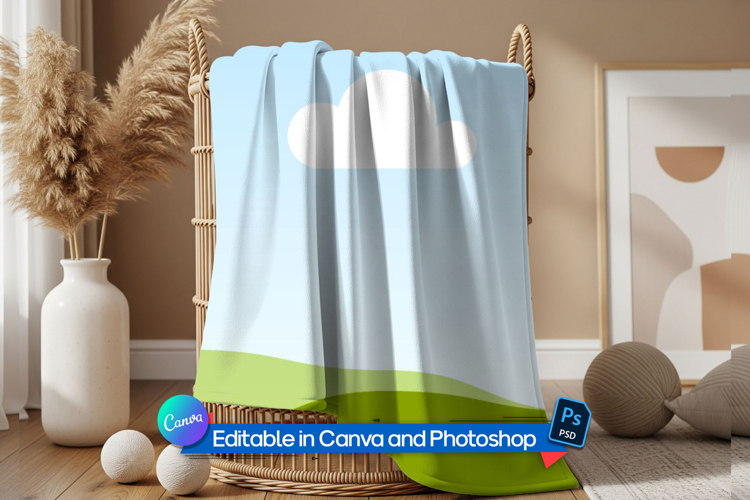 Blanket in wicker basket mockup