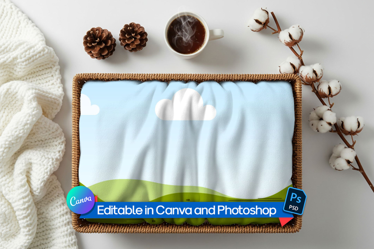 Blanket mockup in wicker basket