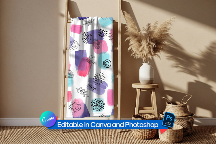 Fleece blanket mockup hanging on ladder