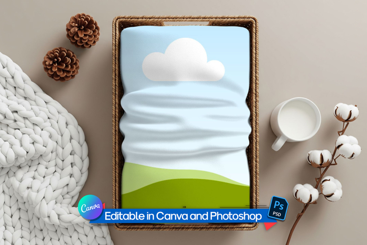 Soft fabric in basket blanket mockup