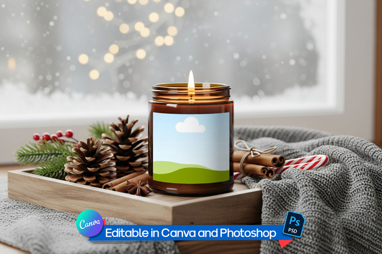 Winter soy candle label mockup