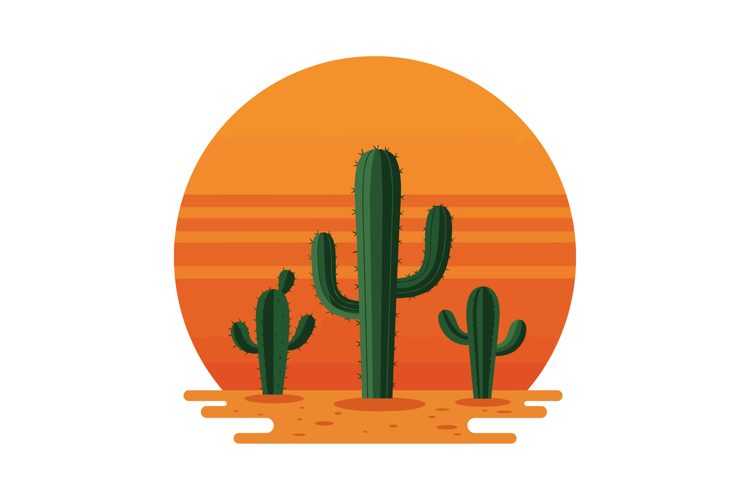 Green saguaro cacti in desert landscape with orange sunset b