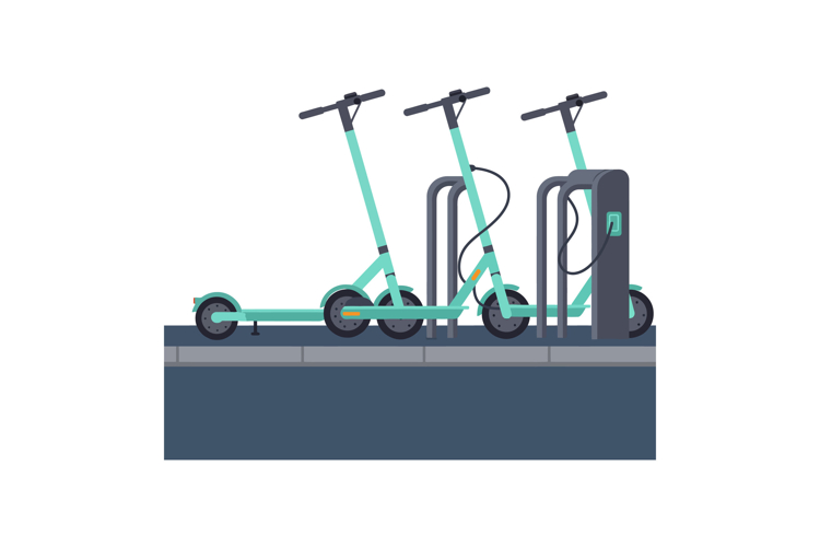 Electric scooters parked at charging station flat design urb