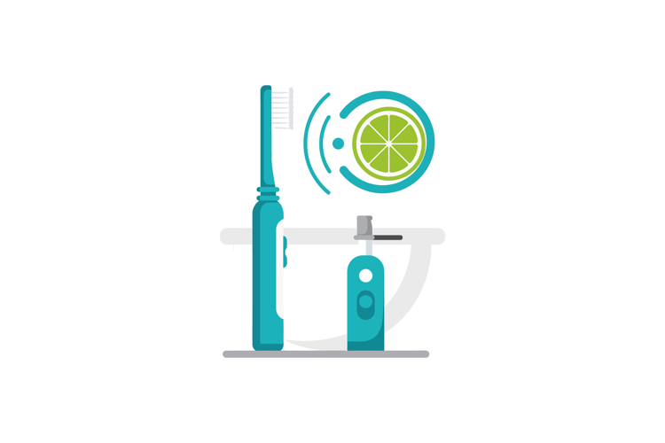 Electric toothbrush and mouthwash bottle with lime slice in
