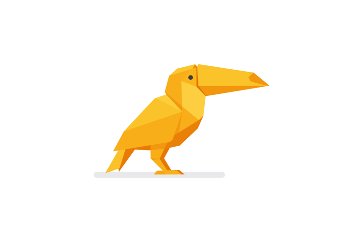 Yellow geometric bird with large beak in low poly flat desig