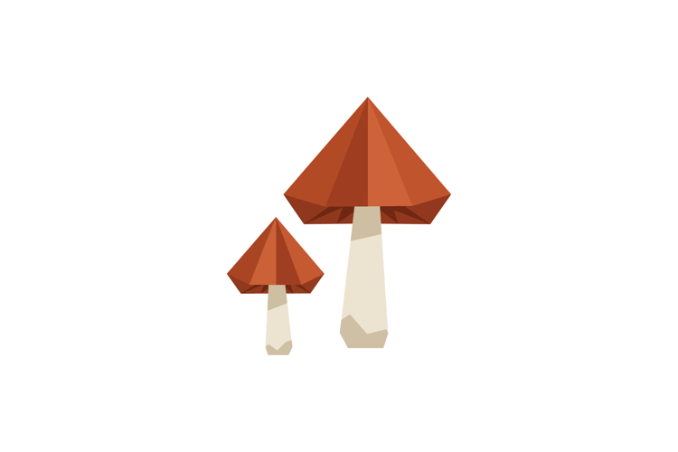 Two brown capped mushrooms with beige stems in simple minima