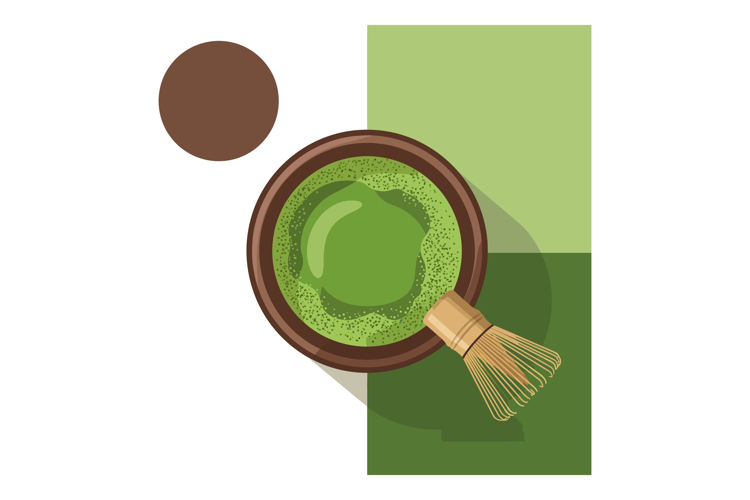 Green matcha tea cup with bamboo whisk flat design top view