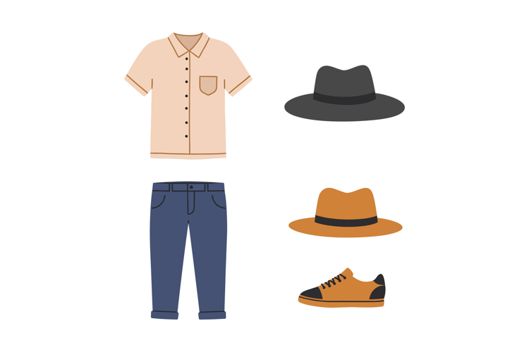 Casual summer outfit with shirt pants hats and sneakers flat