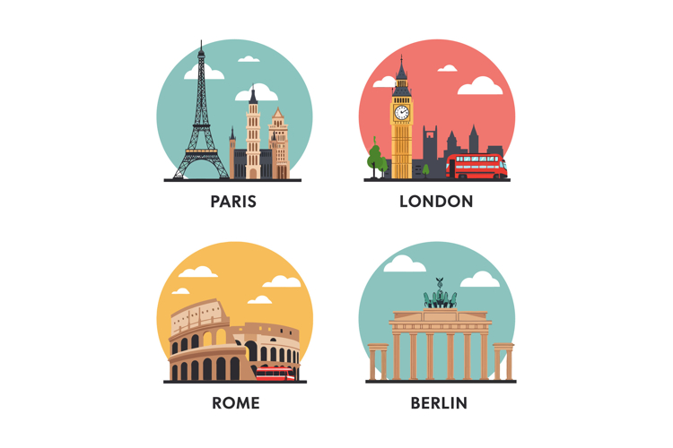 Famous European landmarks flat design with Eiffel Tower Big