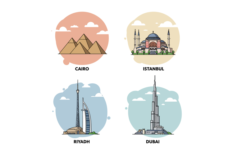Iconic Middle Eastern landmarks flat design featuring pyrami