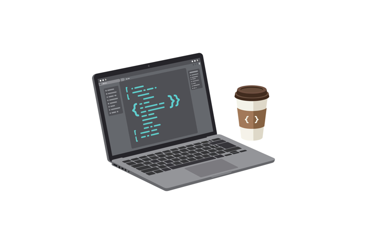 Laptop computer with code on screen and takeaway coffee cup