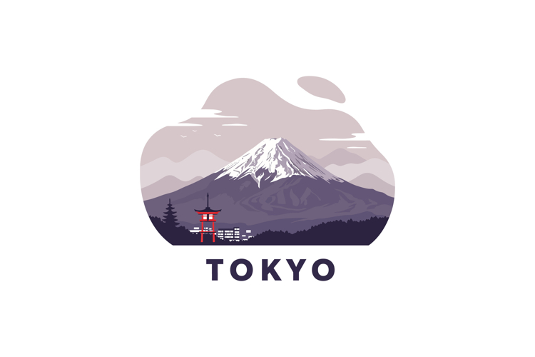 Snow-capped Mount Fuji with traditional red torii gate and c