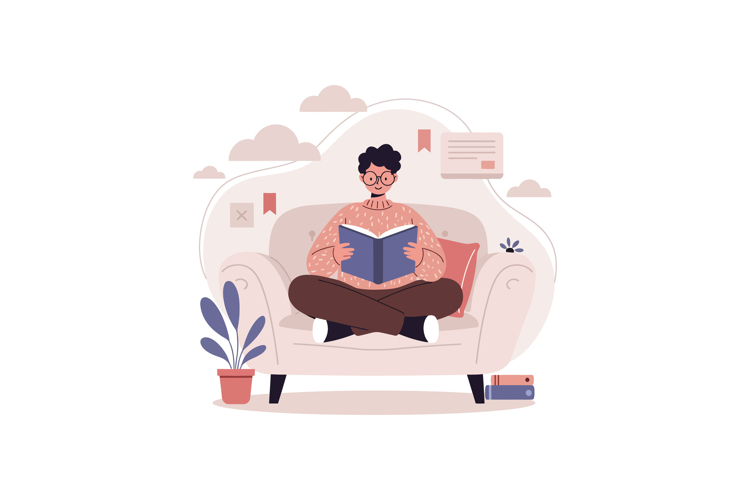 Young man sitting cross-legged on beige sofa reading book ca