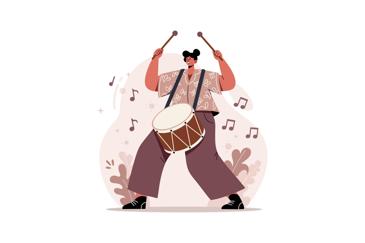 Young woman playing bass drum with mallets in dynamic pose f