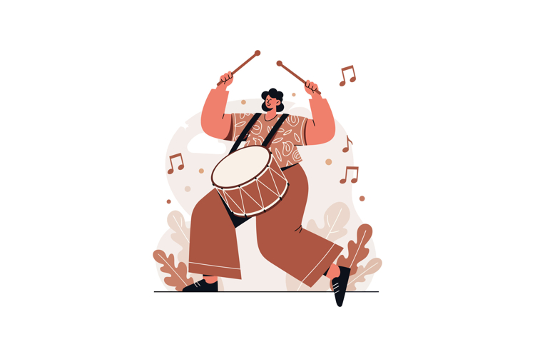 Drummer playing large drum with energetic stance in flat sty