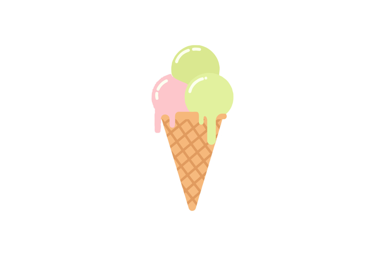 Ice cream cone with two melting scoops in minimalist flat de