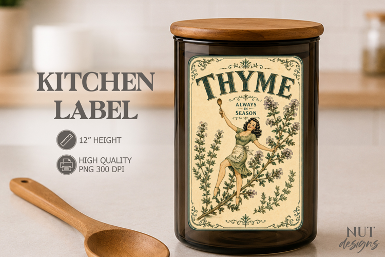 Vintage Thyme Kitchen Label Pin up girl Pantry label