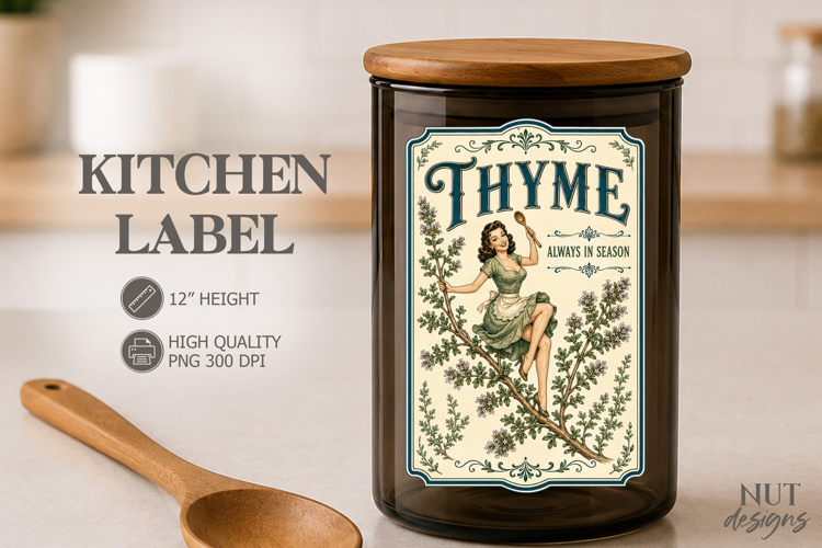 Vintage Thyme Kitchen Label Pin up girl Pantry label