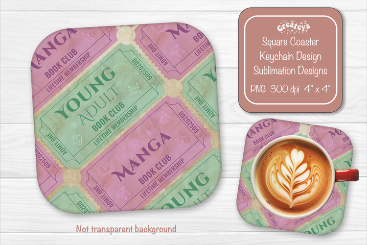 Book Club Ticket Sublimation Square Coaster PNG Vintage