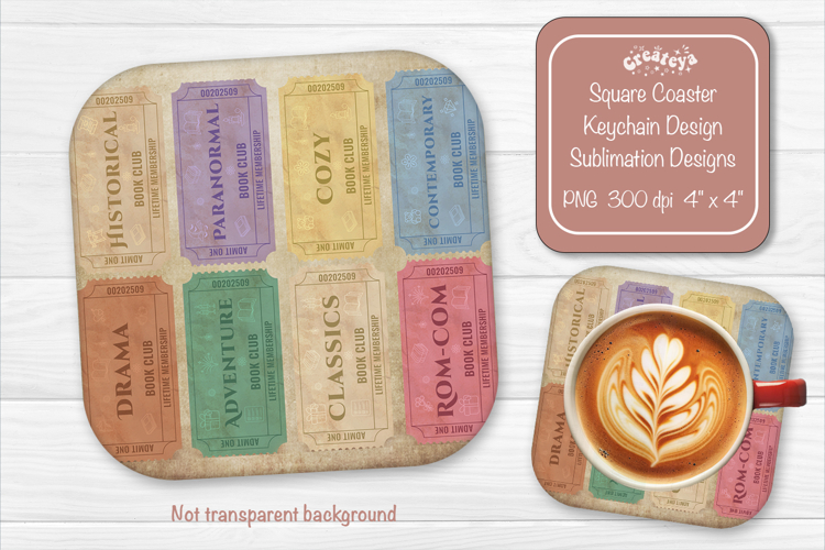 Book Club Ticket Sublimation Square Coaster PNG Vintage