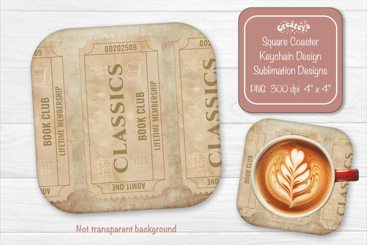 Book Club Ticket Sublimation Square Coaster PNG Vintage