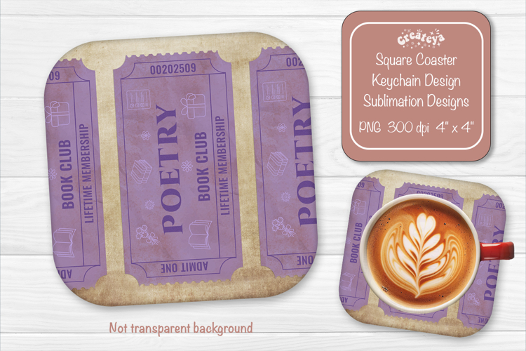 Book Club Ticket Sublimation Square Coaster PNG Vintage