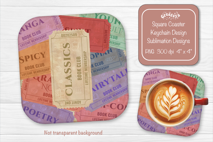 Book Club Ticket Sublimation Square Coaster PNG Vintage