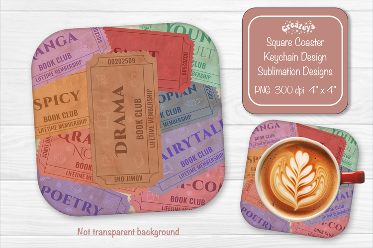 Book Club Ticket Sublimation Square Coaster PNG Vintage