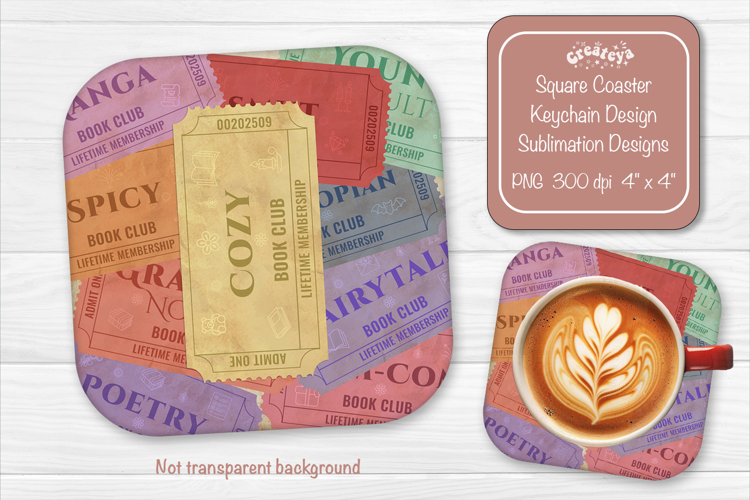 Book Club Ticket Sublimation Square Coaster PNG Vintage