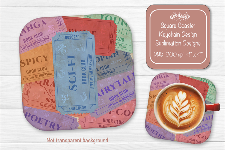 Book Club Ticket Sublimation Square Coaster PNG Vintage