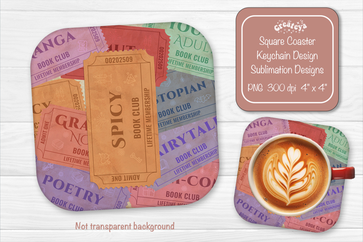 Book Club Ticket Sublimation Square Coaster PNG Vintage
