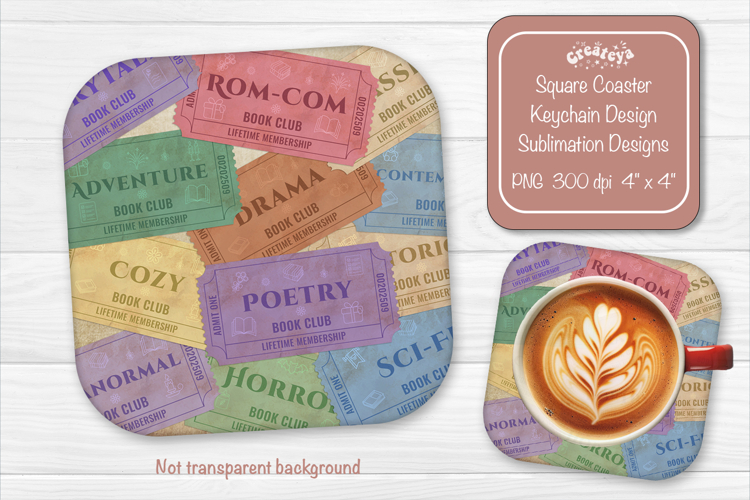 Book Club Ticket Sublimation Square Coaster PNG Vintage
