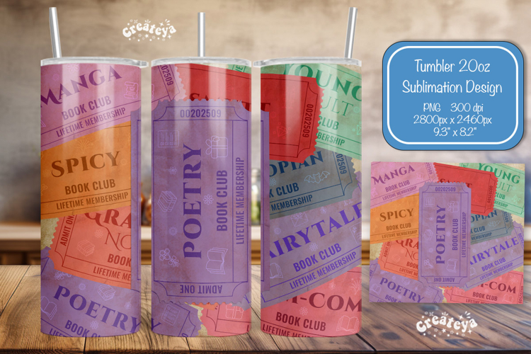 Book club Ticket tumbler wrap Reading Genre Sublimation png