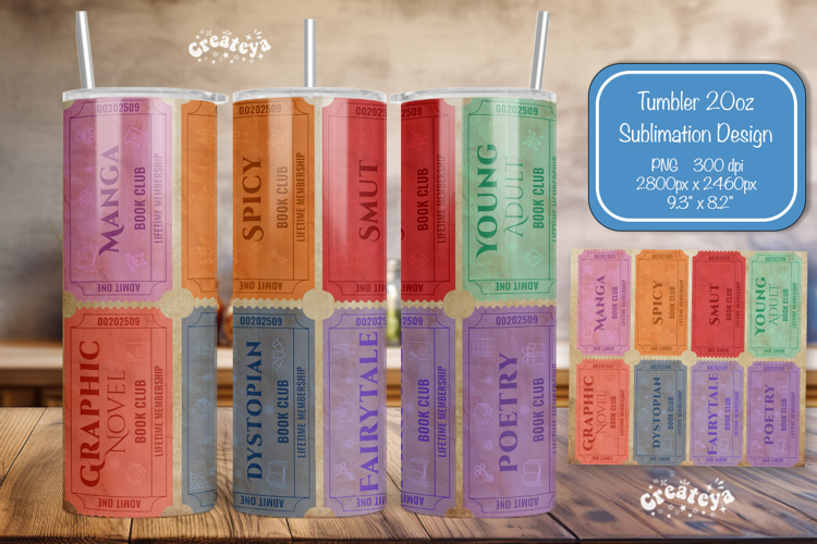 Book club Ticket tumbler wrap Reading Genre Sublimation png