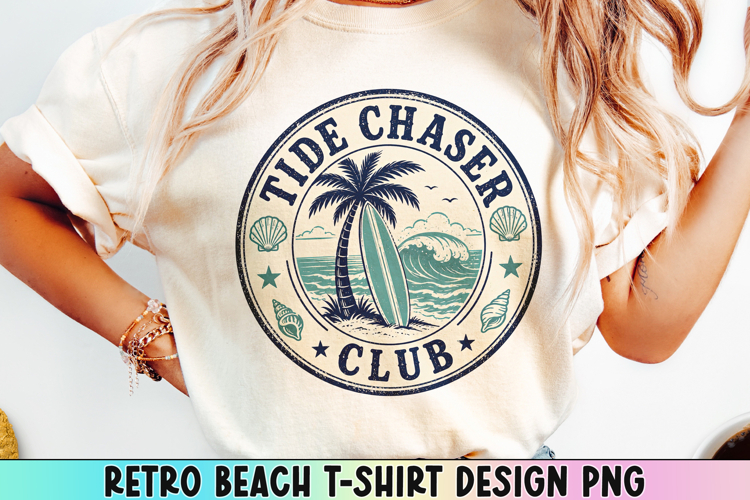 Retro Beach T Shirt Design, Distressed Coastal Sublimation.