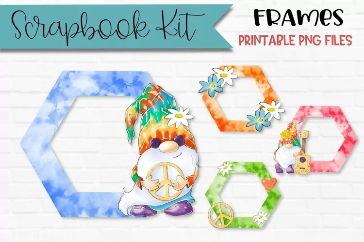 Tie Dye Gnome Scrapbook Frames | Set Of 4 Hexagons