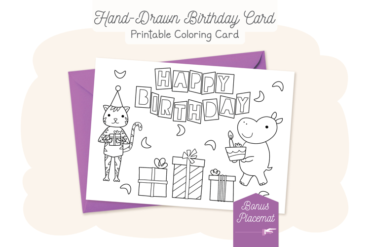 Tiger Hippo Happy Birthday Card, Kids Coloring Placemat