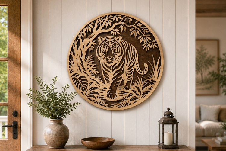 Tiger Laser Cut SVG, Majestic Tiger In Jungle Round Wall Art