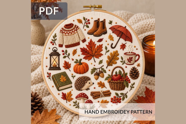 Autumn hand embroidery pattern in a round wooden hoop featuring a hedgehog, pumpkin, mushrooms, colorful leaves, acorns, apple basket, sweater, boots, umbrella, lantern, book, pinecone, cinnamon sticks, berries, and a warm mug.