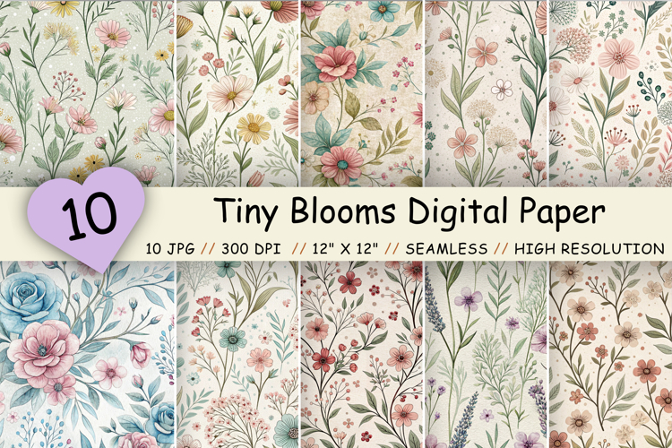 Tiny Blooms Seamless Digital Paper Pack, Pastel Ditsy Floral