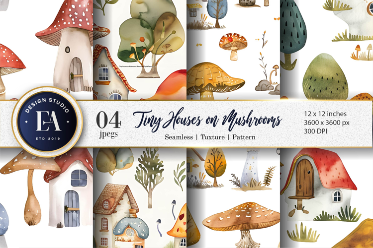 Tiny Houses on Mushrooms Watercolor Seamless Digital Paper