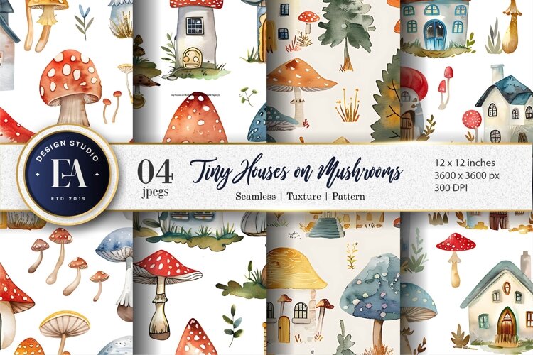 Fantasy Mushroom Villages Watercolor Pattern Digital Paper example image 1