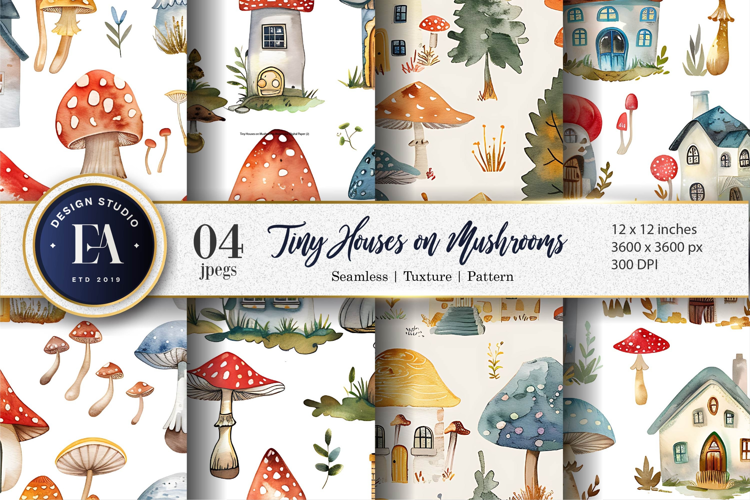 Fantasy Mushroom Villages Watercolor Pattern Digital Paper