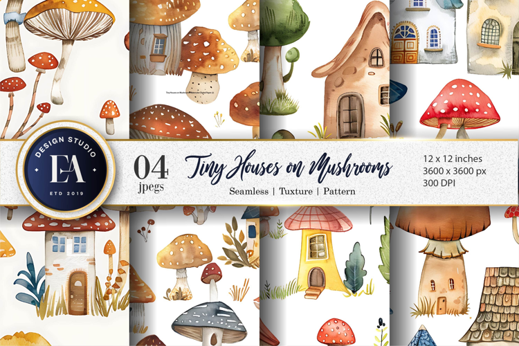 Tiny Houses on Mushrooms Watercolor Seamless Digital Paper