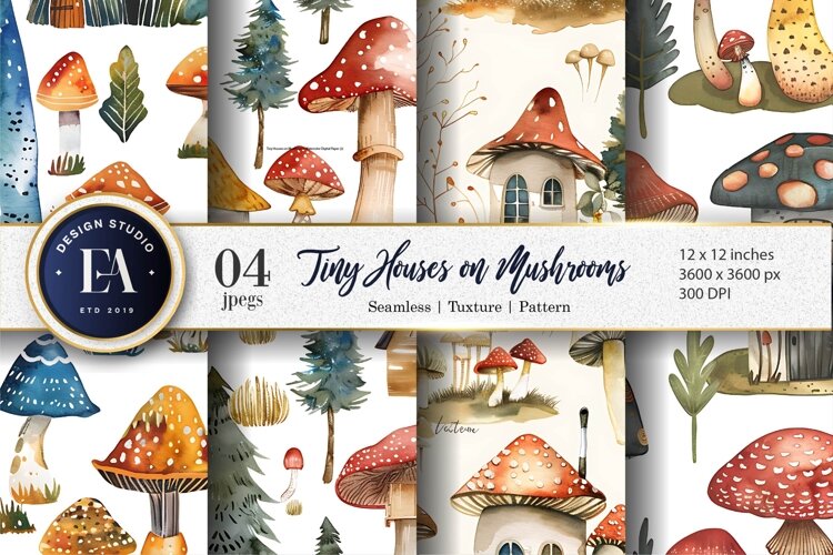Tiny Houses on Mushrooms Watercolor Seamless Digital Paper example image 1