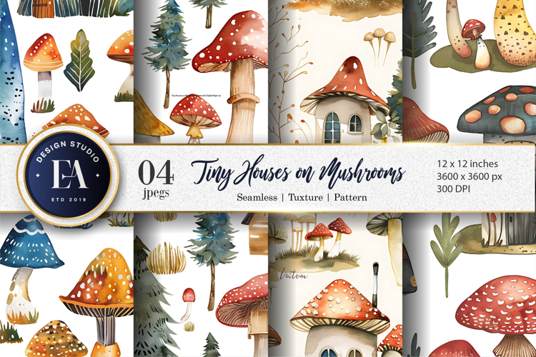 Tiny Houses on Mushrooms Watercolor Seamless Digital Paper