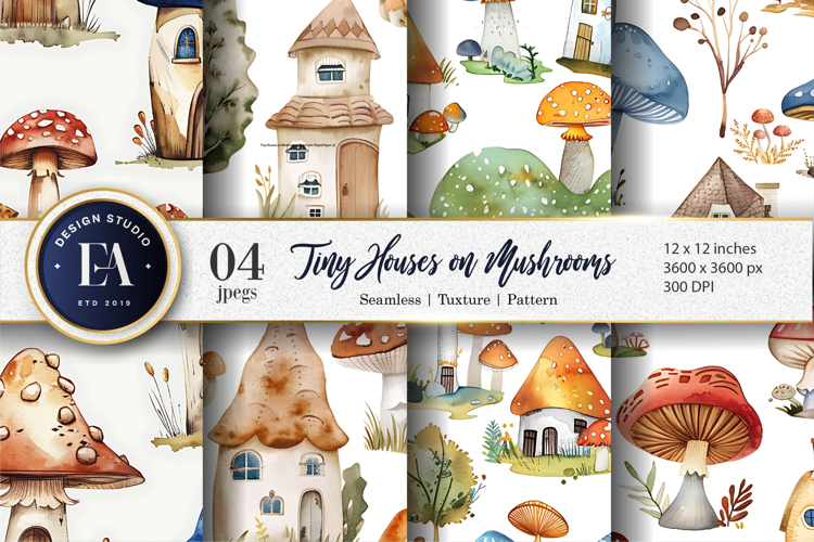 Whimsical Mushroom Houses Fantasy Watercolor Digital Paper