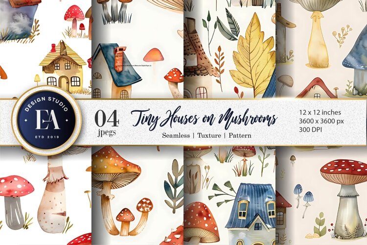 Whimsical Mushroom Houses Fantasy Watercolor Digital Paper example image 1